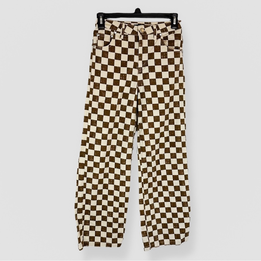 Originality Demi Brown & White Checkered High Waist Jr Size Medium Trousers Y2K
